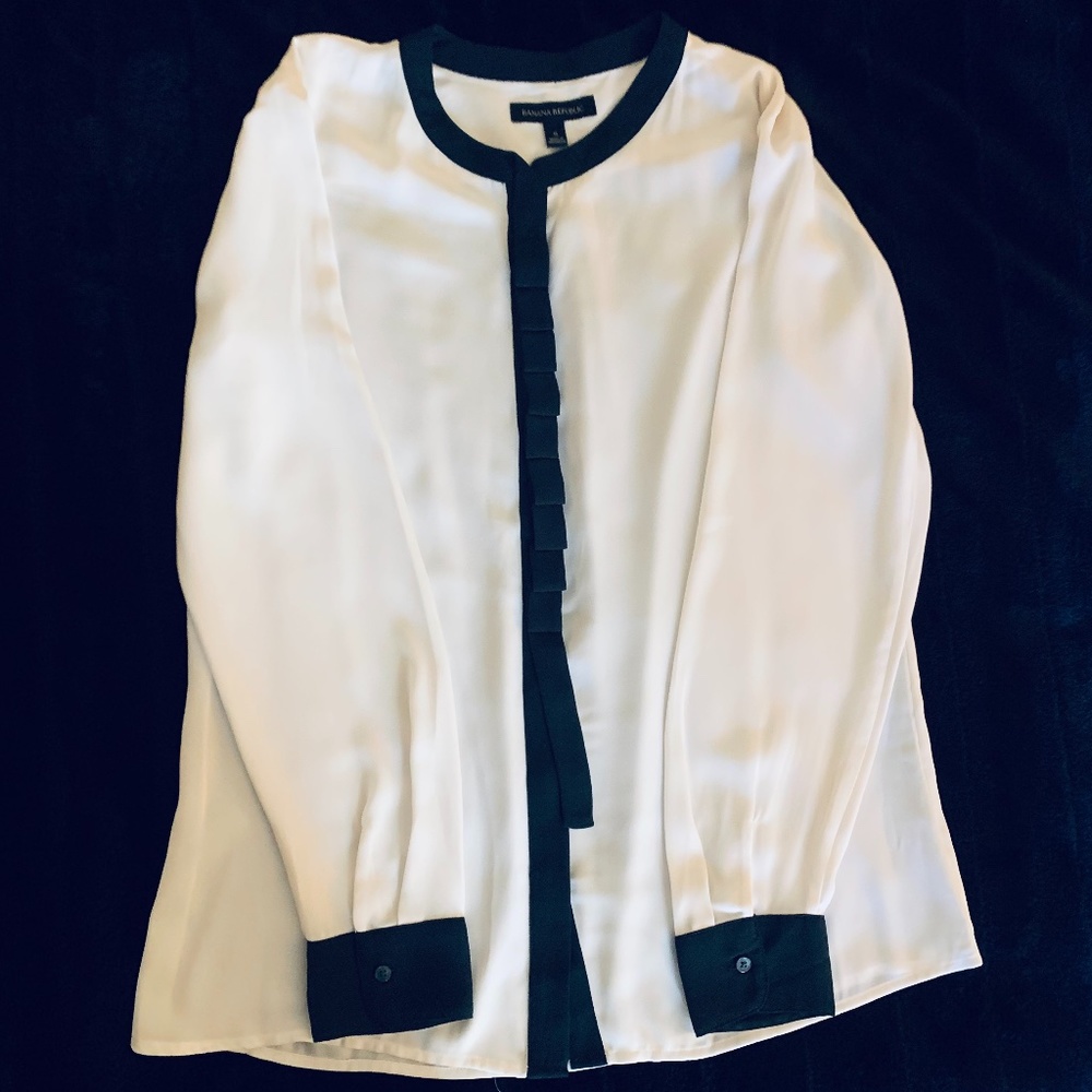Banana Republic Black Ribbon Placket Ivory Blouse